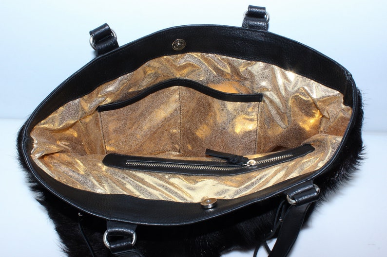 BLACK COWHIDE BAG w/ Gold Lining Shoulder Bag Cowhide Etsy