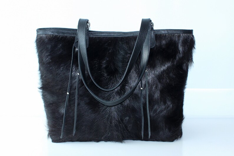 BLACK COWHIDE Bags w/ Gold Lining Hair on Hide Bucket Bag image 0