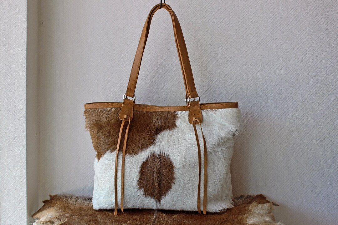 CALF HAIR TOTE Bag / Market Weekend Bag / Document Bag in Tan White Cow
