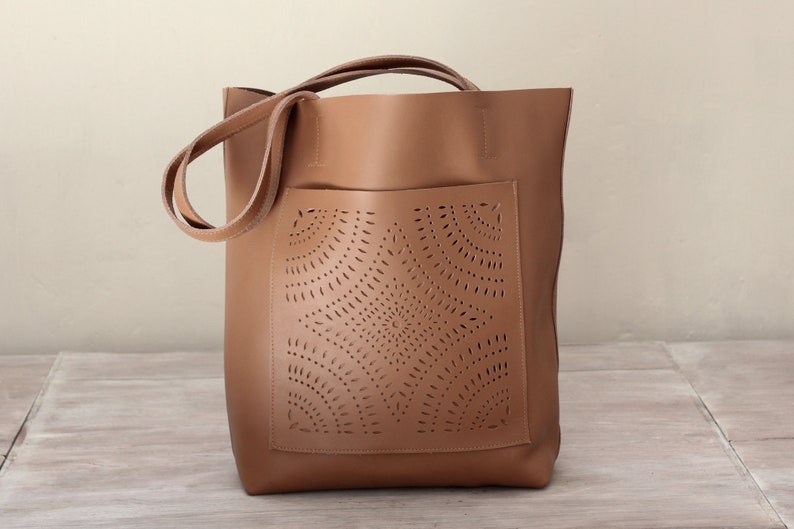 LEATHER TOTE BAG For Woman Handtooled Leather School Bag image 0