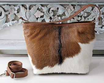 COWHIDE LEATHER  BAG in Brown White Hide Hair / SouthWestern Bag / Cowgirl Purse / Furry Sling bag w 2 Straps / Cross body Bag for Women.