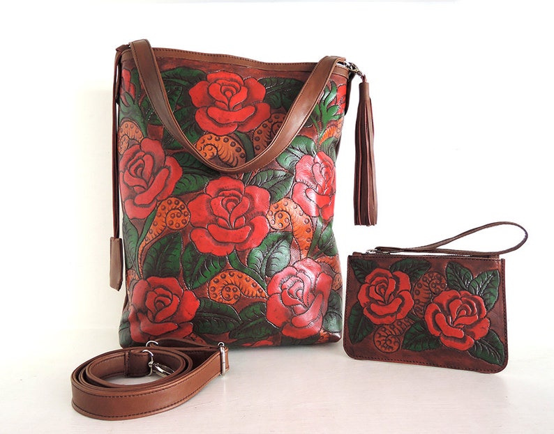 TOOLED LEATHER HANDBAG Hand Painted Leather Bag Women Rose image 0