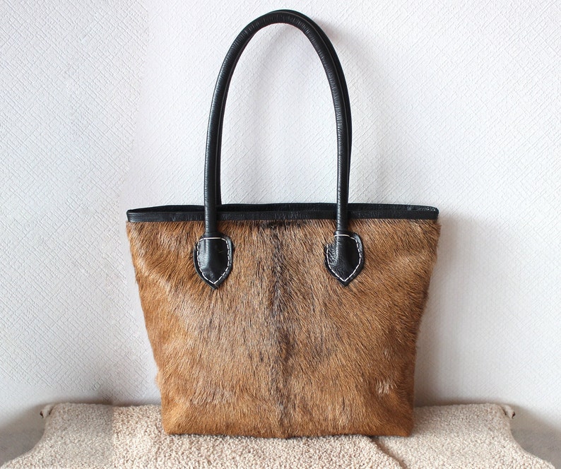 BROWN COWHIDE TOTE Brown Purse in Goat Hide Hair Top Handle image 0