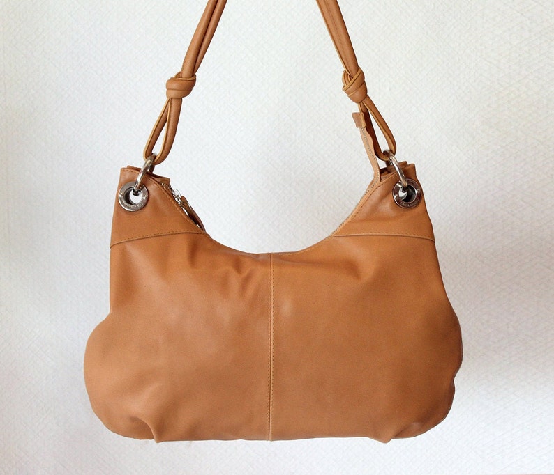 LEATHER HANDBAG in Tan FREE Shipping Travel Hobo Bag Zipper image 0