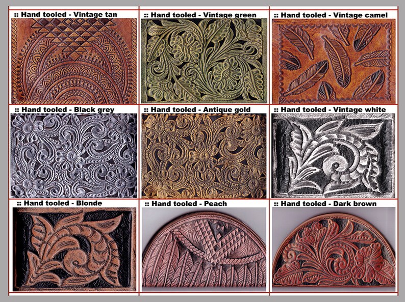 May include: Nine different leather samples with various hand-tooled designs. The samples are in different colors, including tan, green, camel, black, gold, white, blonde, peach, and dark brown.