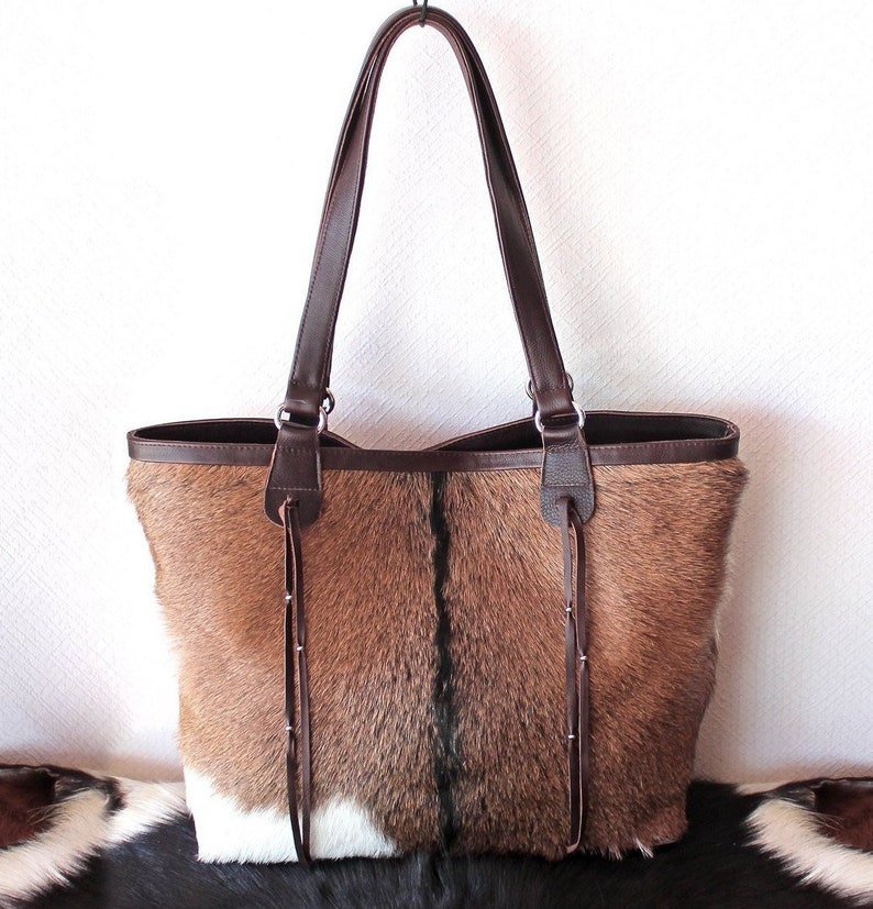 BROWN HAIR ON Hide Bag Brown White Leather Tote Cowhide Bag. image 0