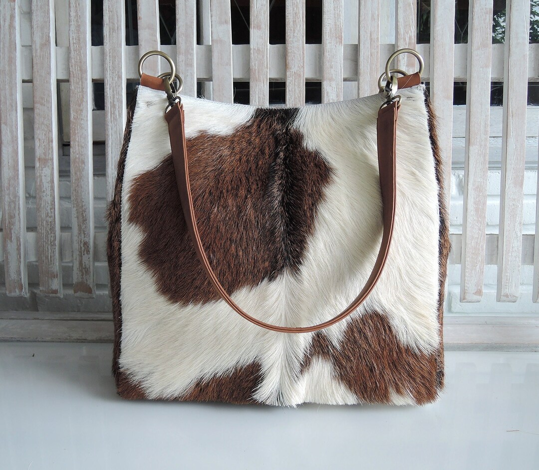 LARGE TOTE PURSE in Brown White Hide Hair Shoulder Bag With - Etsy