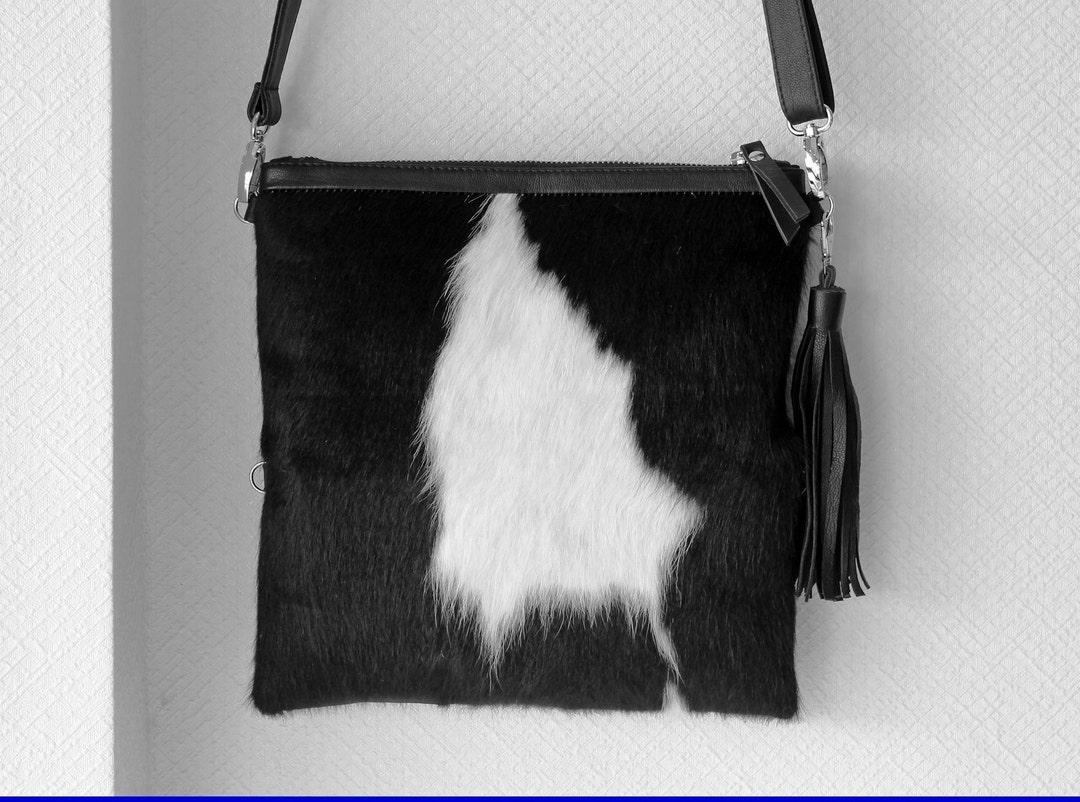 BLACK WHITE COWHIDE Purse Cowhide Leather Bag Folds Into a Etsy
