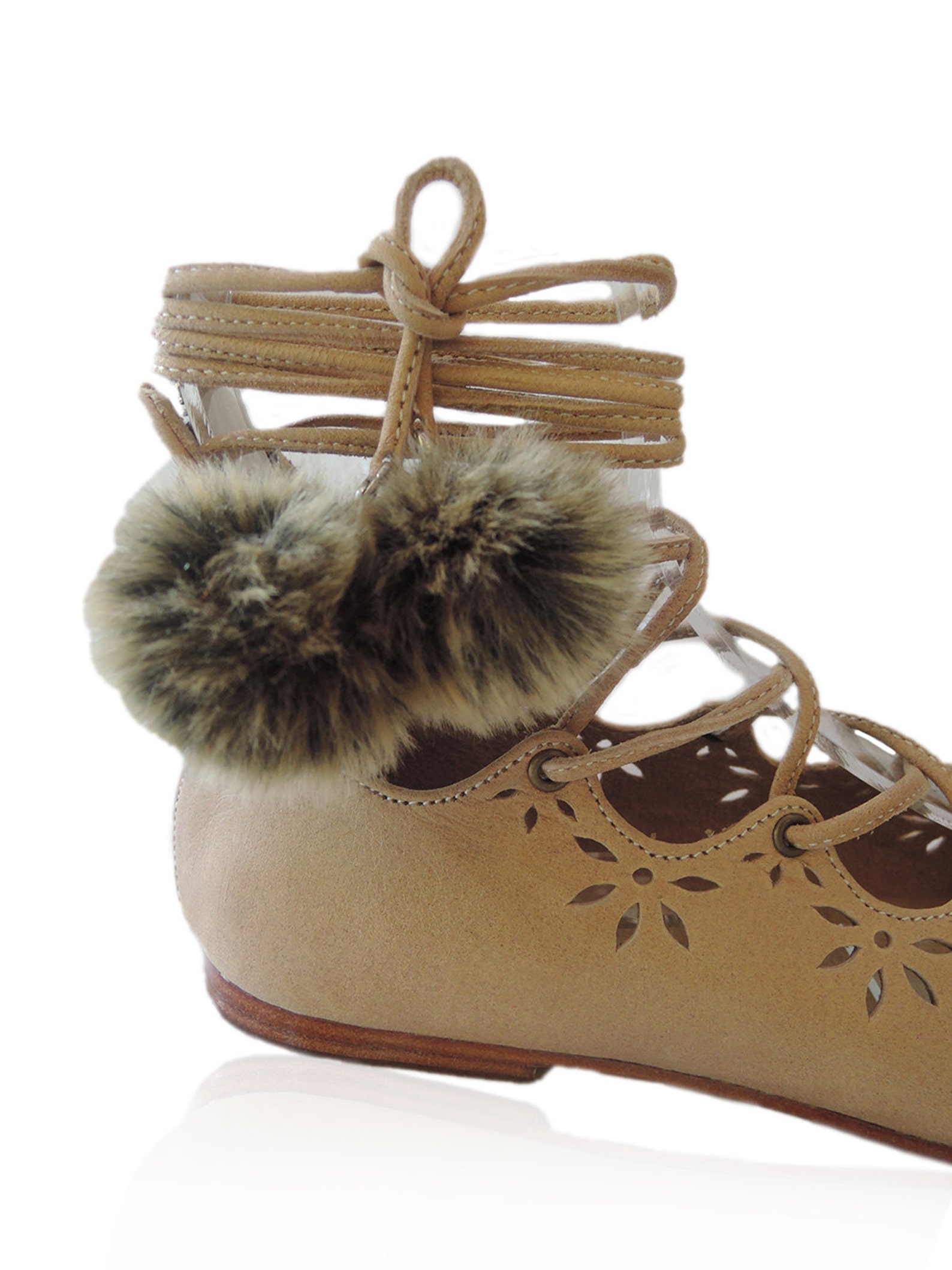 kathy ballet shoes with pom poms. tan leather sandals for women. ballet flats w/ ribbon lace up straps. hand tooled cut work. 10