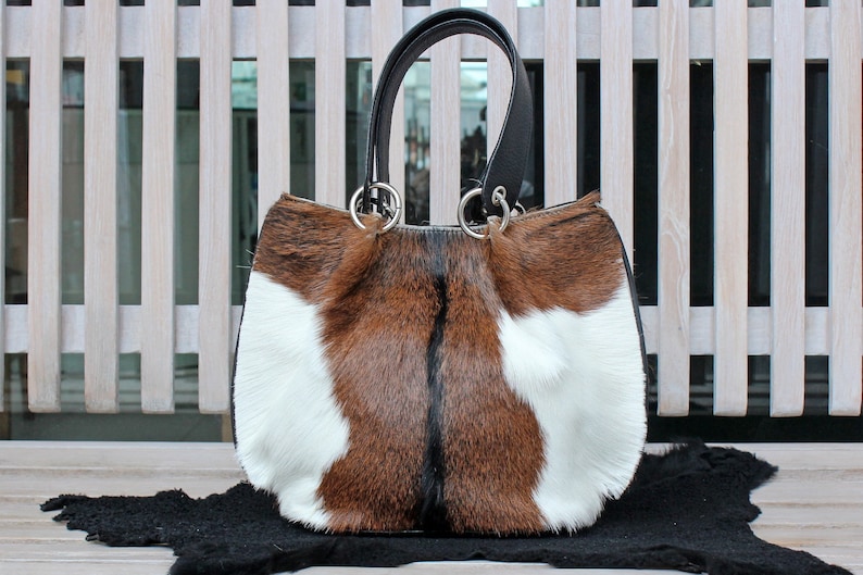 BROWN COWHIDE BAGS Cowhide Tote Bag Brown White Fur Purse. image 0