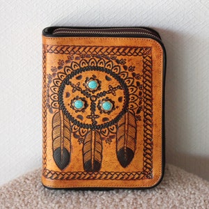 CARTERA DE DOBLE CREMALLERA en cuero tribal. Embrague de mujer con ranura para tarjetas múltiples. Bolsa de dos compartimentos. Billetera por dinero