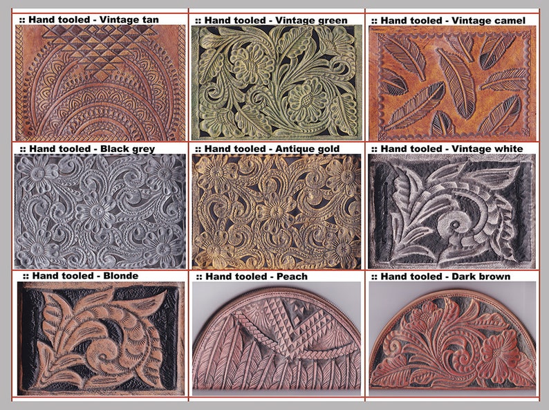 May include: Nine different leather samples with various hand-tooled designs and colors, including vintage tan, vintage green, vintage camel, black grey, antique gold, vintage white, blonde, peach, and dark brown.