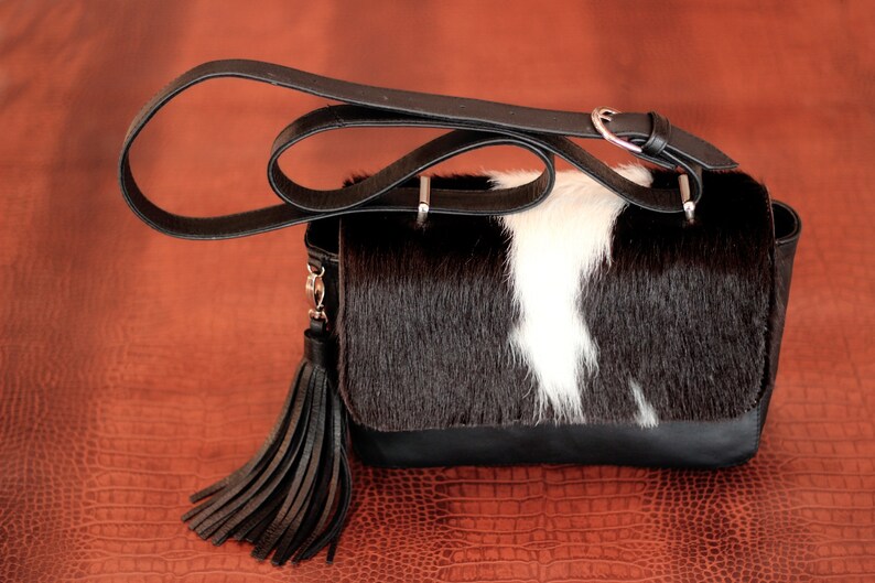 BLACK WHITE COWHIDE Purse Black Hide Hair Small Bag. Black image 0