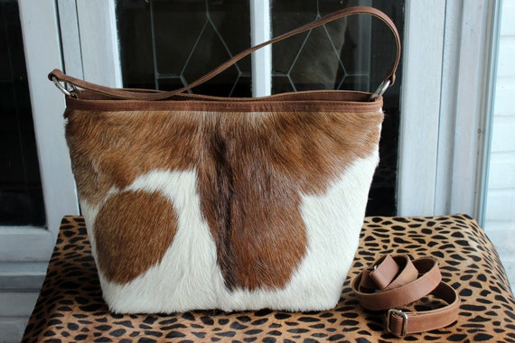 WOMEN TOTE BAG Handbag in brown white cowhide hair Cross | Etsy