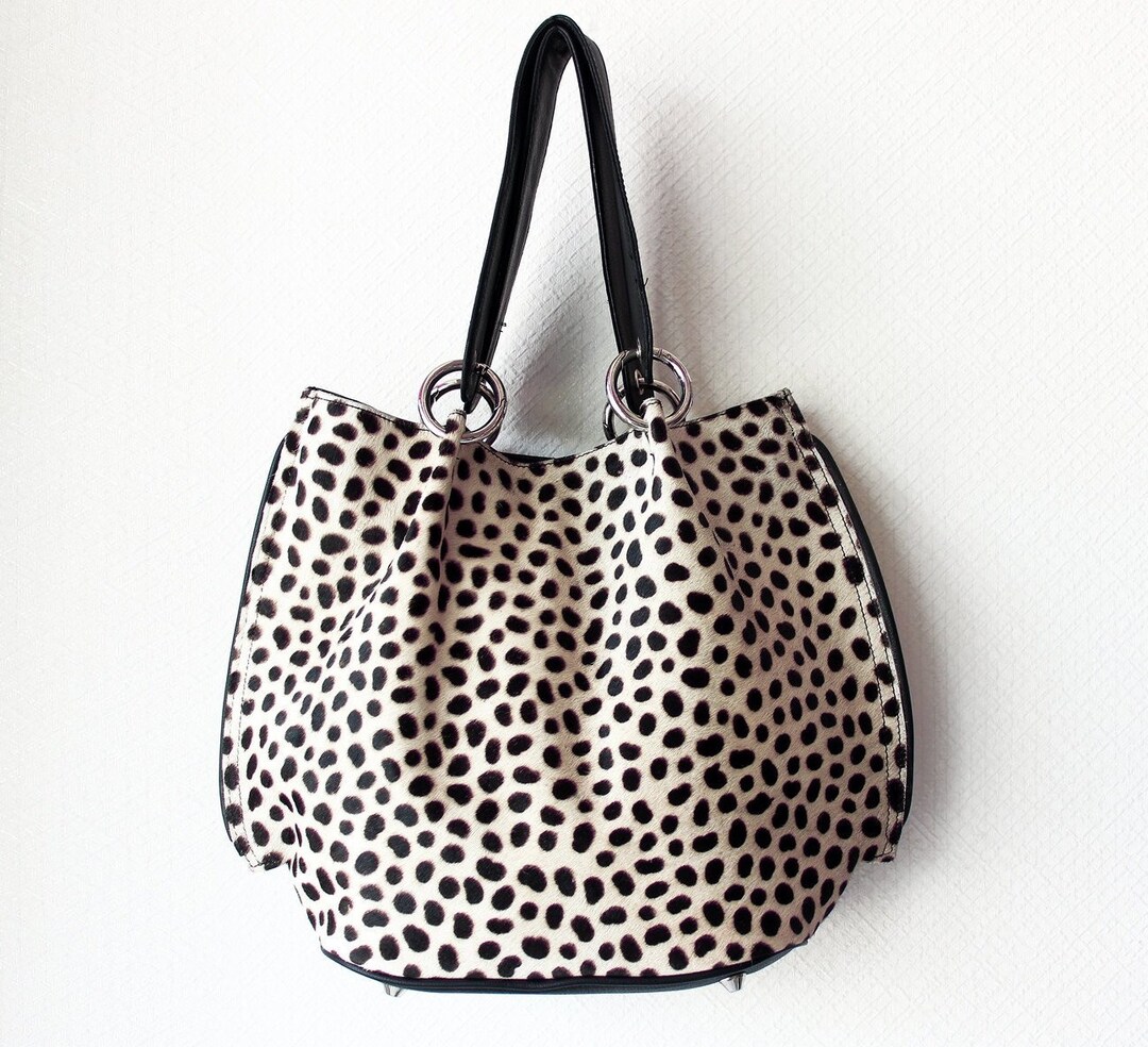 LEOPARD PRINT BAG, Animal Print Tote, Hair on Hide Bag, Black White