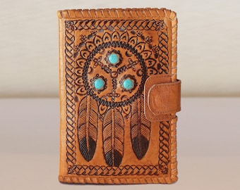 TOOLED LEATHER WALLET / Purse Hand Crafted / Tribal Turquoise Stone. Slim Billfold with Multiple Card Slots, Organiser Wallet, Gift for Her.