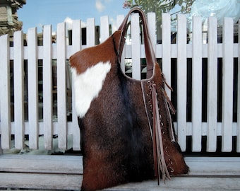BROWN WHITE TOTE with Woven Leather Tassels Calf Hair Bag with Hand Leather Cross Weave Country South Western Cowgirl Fur Bag Shoulder bag