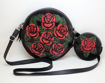 Hand Tooled Leather Crossbody Bag, Black Round Purse with Red Roses