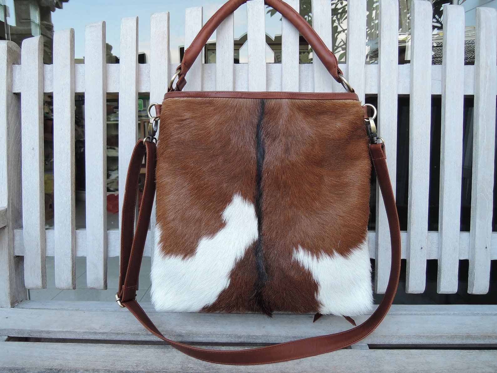 CALF HAIR LEATHER Tote Bag Top Handle Bag in Brown White Hide | Etsy