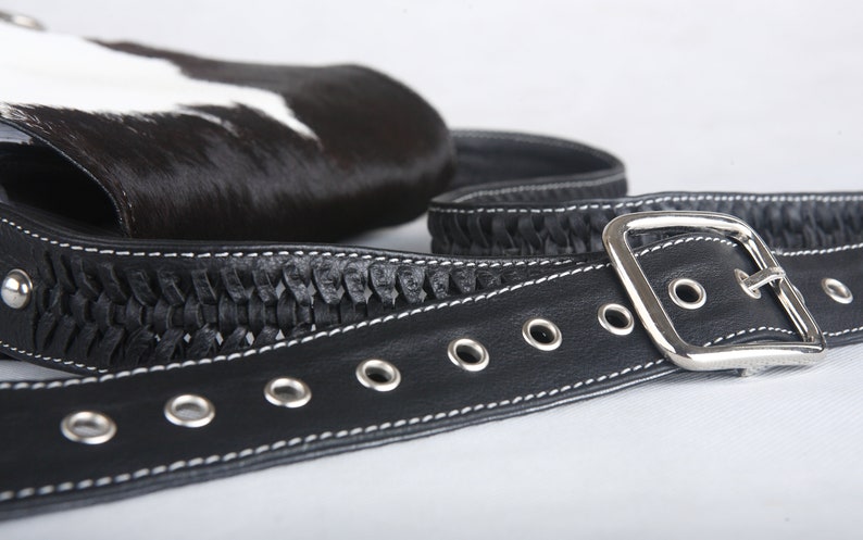 BLACK COWHIDE BAG Leather Satchel Calf Hair Bag Messenger Bag Crossbody Tote w Flap Unisex Shoulder Bag in Black White Cowfur Country.