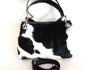 Bolso de mano de piel de vaca blanco y negro, bolso de hombro de cuero, bolso cambiador cruzado