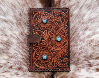 TOOLED LEATHER WALLET in Hand Crafted Hibiscus W/ Turquoise Stones
