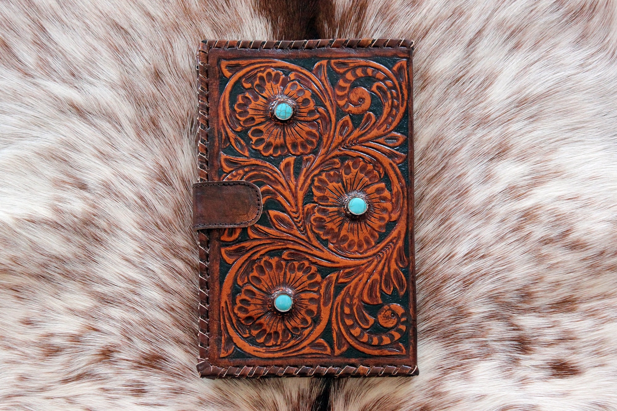 TOOLED LEATHER WALLET in Hand Crafted Hibiscus W/ Turquoise Stones