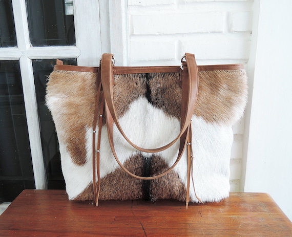 COWHIDE PURSE In Brown White  Cowhide Market Bag  Cowhide Tote Bag with Zipper  Cowhide Shoulder Bag  Cowfur Bag  Cowhide Diaper Bag