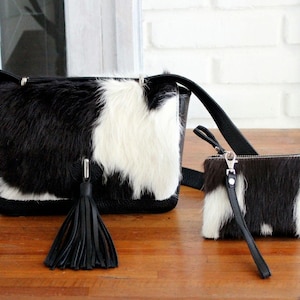 SMALL COWHIDE PURSE, Brazilian Black White Cowhide Bags, Princess Kate Fur Bag, Leather Clutch Purse, Small Cowhide, Hair On Hide Clutch Bag