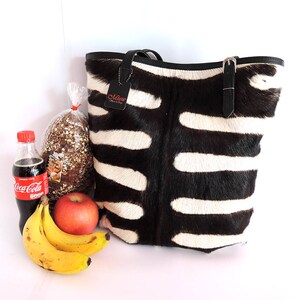 COWHIDE HAIR TOTE Bag in Zebra Cow Hide Hair Gorgeous Black White Calf ...