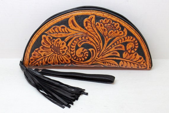 TOOLED LEATHER PURSE. Floral Leather Clutch, Artisan Leather Purse, Handmade Hand Tooled Leather Wallet. Celestial Half Moon Purse.
