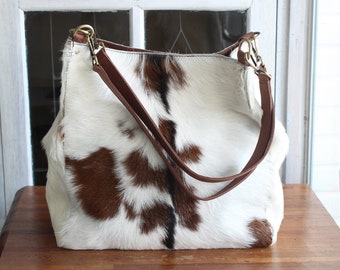 Handmade Large Cowhide Purse Tote Bag with Zipper - Custom Made to Order Brown White Hair-On Hide Bucket Bag for Women cow leather straps