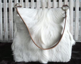 Handmade White Cowhide Tote Bag, Zippered Bucket Bag