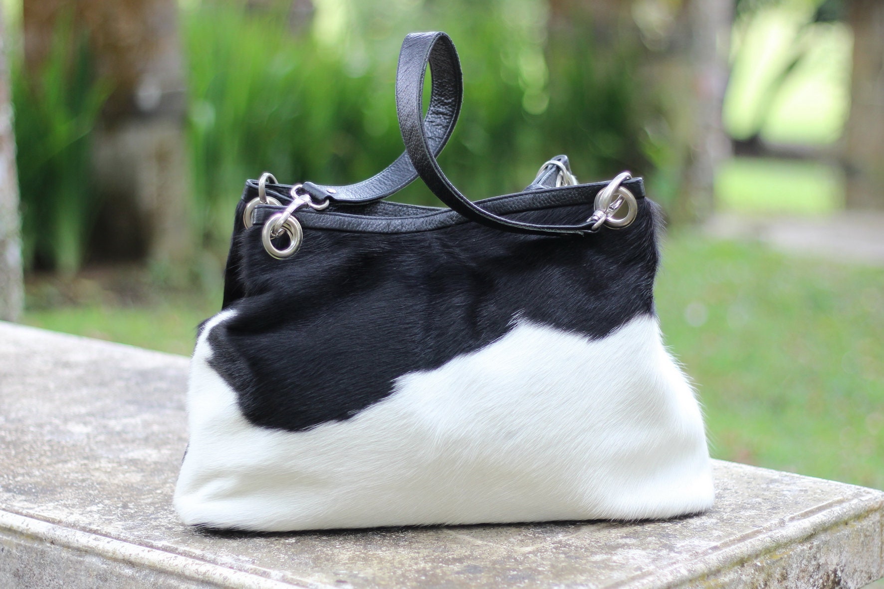 BLACK WHITE CALF Hair Bag / Cow Hair on Hide Womens HandBag w/ | Etsy