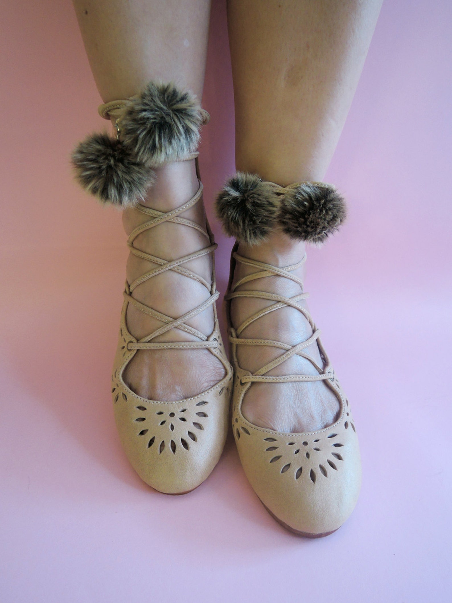 kathy ballet shoes with pom poms. tan leather sandals for women. ballet flats w/ ribbon lace up straps. hand tooled cut work. 10