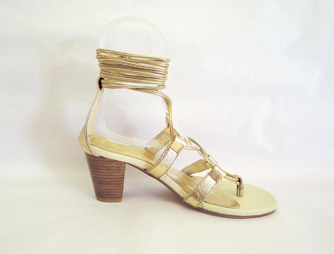 METALLIC GOLD/SILVER Sandals w/ Block Heel. Womens Lace Up | Etsy