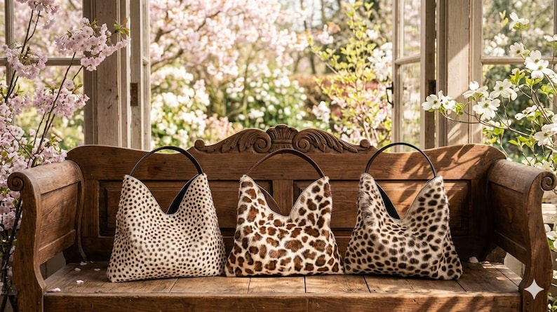 Puede incluir: Tres bolsos de estilo hobo con estampados de animales. Los bolsos de la izquierda y la derecha tienen un dise&ntilde;o de puntos negros sobre fondo crema, mientras que el central muestra un estampado de leopardo marr&oacute;n y blanco. Cada bolso tiene un asa.