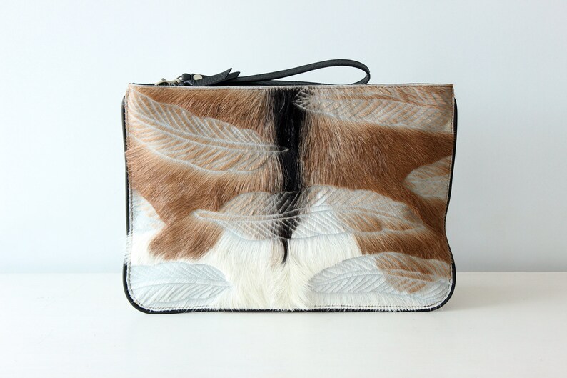 HIDE HAIR CLUTCH w Handcrafted Feather Carving In Brown White image 0