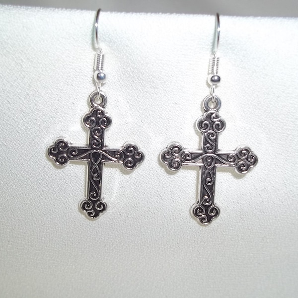 Religious Pierced Earrings - Silvertone Crucifix, 31mm Dangle, Scrollwork, RJ1