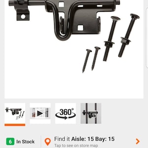 May include: Black slide bolt hardware set. The set includes a black metal slide bolt, mounting screws, and bolts. The Everbilt slide bolt is designed for securing doors and gates. The hardware is shown against a white background.