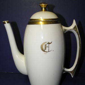Vntg ART DECO Coffee Pot Gold Trim & Monogram~Unmarked BEAUTY!!! Approximately 9" tall to top of knob on lid x 7 1/2" spout to handle edge.