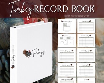 May include: A white binder with a turkey illustration and the text "Turkeys" on the cover. The binder is labeled "The Homestead Turkey Record Book" and "Mama on the Homestead". The binder includes pages for tracking turkey information, such as breeding, hatching, and production.