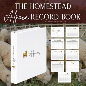 Op de afbeelding: Een witte map met een bruine alpaca-illustratie en de tekst "The Alpaca Record Book" en "Alpacas". De map is open om pagina's met tabellen en de tekst "Alpaca" en "Alpaca Definition" te laten zien.