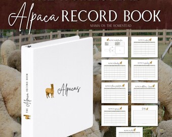 May include: White binder with a brown alpaca illustration and the text "The Alpaca Record Book" and "Alpacas". The binder is open to reveal pages with tables and the text "Alpaca" and "Alpaca Definition".