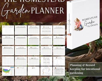 May include: A white binder with the text "HOMESTEAD Garden PLANNER" on the cover. The binder is open to reveal pages with various garden planning and record keeping charts. The image also includes a watercolor illustration of a woman gardening.
