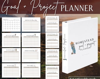 May include: A white binder with a watercolor illustration of a person in overalls holding a shovel. The binder has the text "HOMESTEAD goal project PLANNER" on the front. The text "Set actionable goals for your homestead!" is at the bottom of the image.