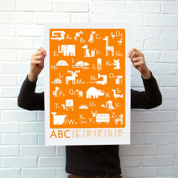 ABC Orange | Screen Printed alphabet Silk Screen Poster | Illustrated Hand Printed Kids room ABC Art Print | Screen Print poster