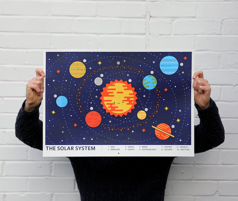 Solar System Screen Printed Poster The Solar System Silk Screen Illustrated Hand Printed Space Art Print Screen Print Poster image 1