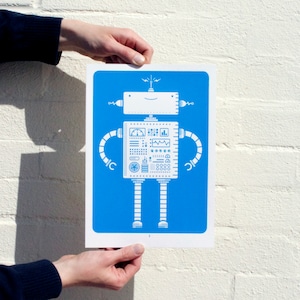 Robótica Versión Pequeña A4 / Robot Serigrafiado Póster de Serigrafía / Ilustración Impresa a Mano Kids Room Art Print / Póster de Serigrafía
