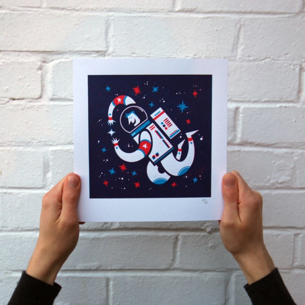 Screen Printed Space Man Poster | Space Cadet Silk Screen | Illustrated Hand Printed Space Art Print | Screen Print